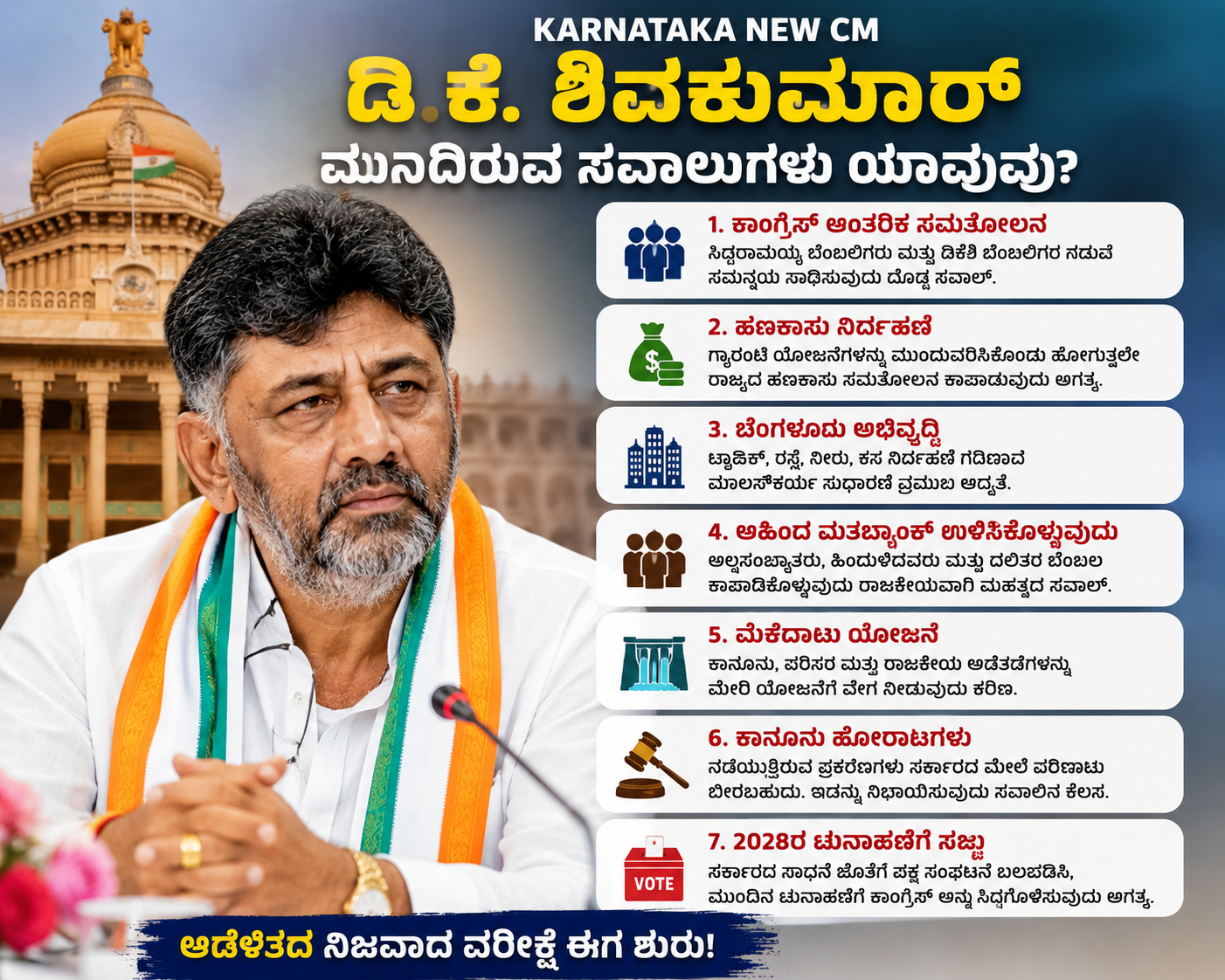 Karnataka New CM DK Shivakumar: ಹೊಸ ಸಿಎಂ ಡಿಕೆ ಶಿವಕುಮಾರ್ ಮುಂದೆ ಇರುವ 7 ದೊಡ್ಡ ಸವಾಲುಗಳು